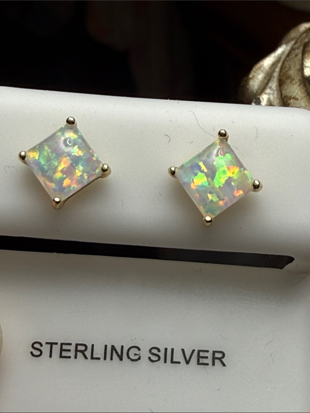 14k gold over 925 Sterling Silver Square White Opal Stud Earrings NEW BEAUTIFUL